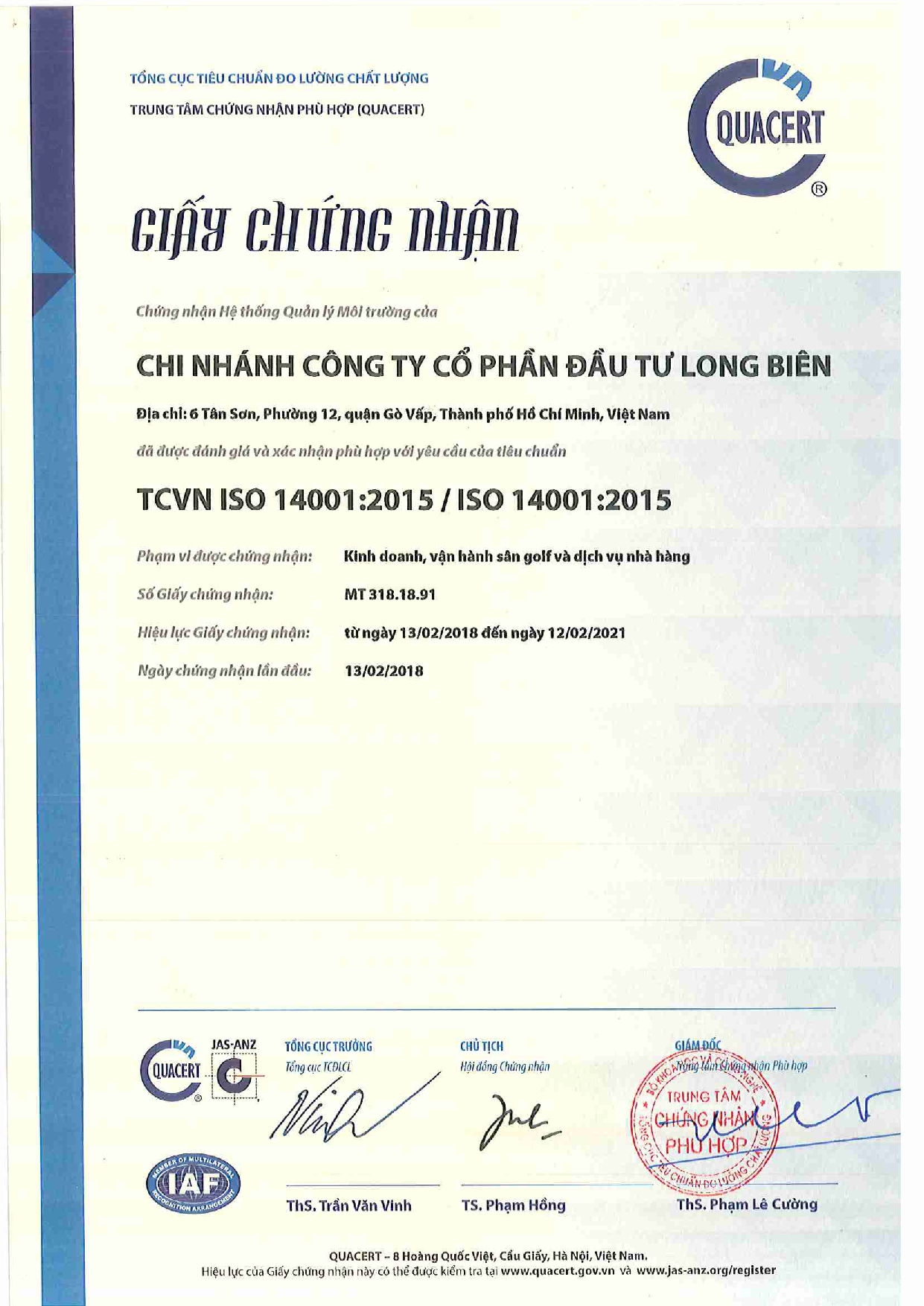 CHỨNG NHẬN HỆ THỐNG QUẢN LÝ MÔI TRƯỜNG TCVN ISO 14001:2015 / ISO 14001:2015